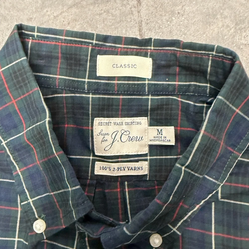 J. Crew Men's Navy and Green Plaid Button-Down Shirt